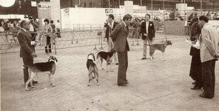 Le président Jean de Mierry et le maître d'équipage Philippe Verro, lors d'une présentation de chiens - Don de M. P. Verro à la Société de Vènerie